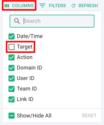 Columns dropdown with Target checkbox unchecked to restore hidden column visibility