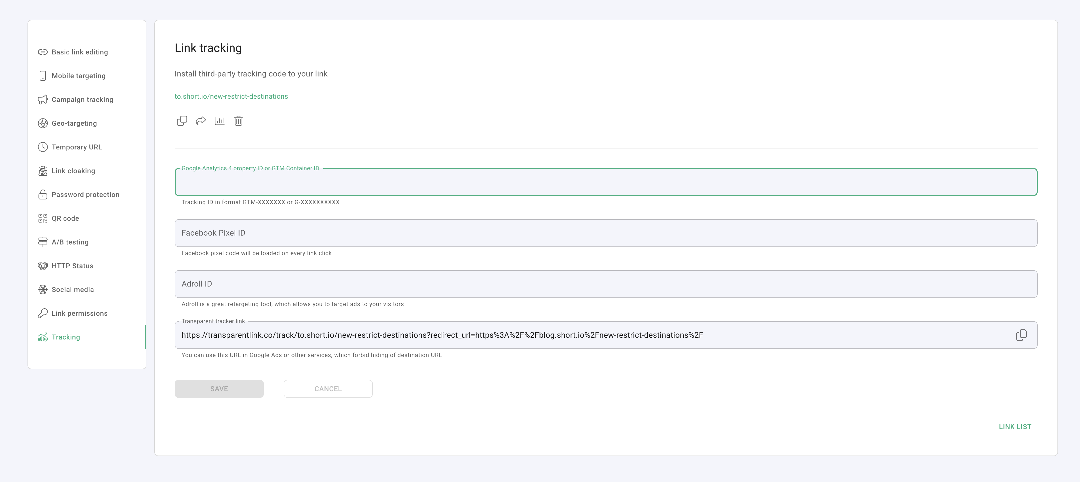 Link tracking panel with Tracking tab showing transparent tracker link URL
