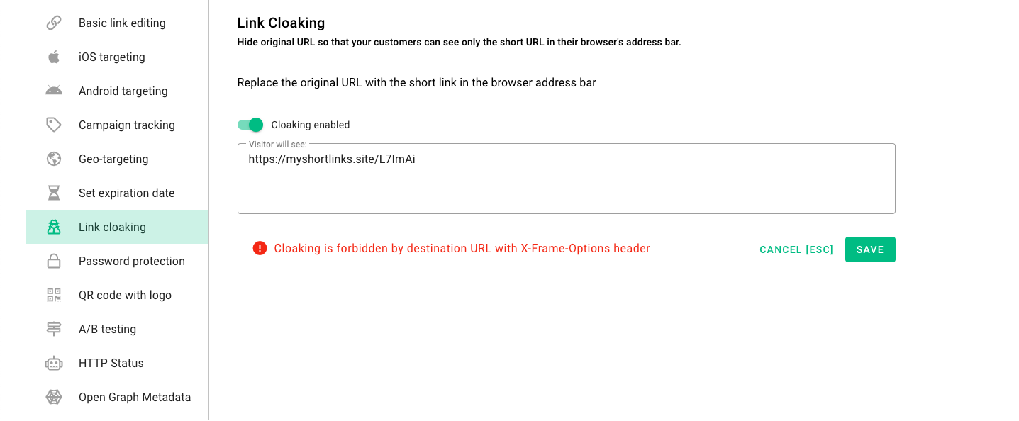 Link Cloaking panel showing X-Frame-Options header error forbidding cloaking