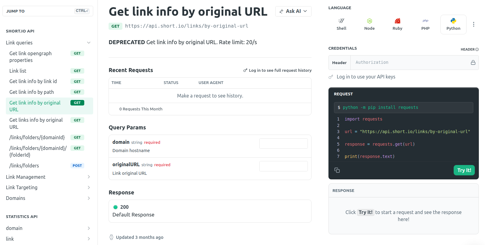 API reference page with Try It button, query params, and code sample