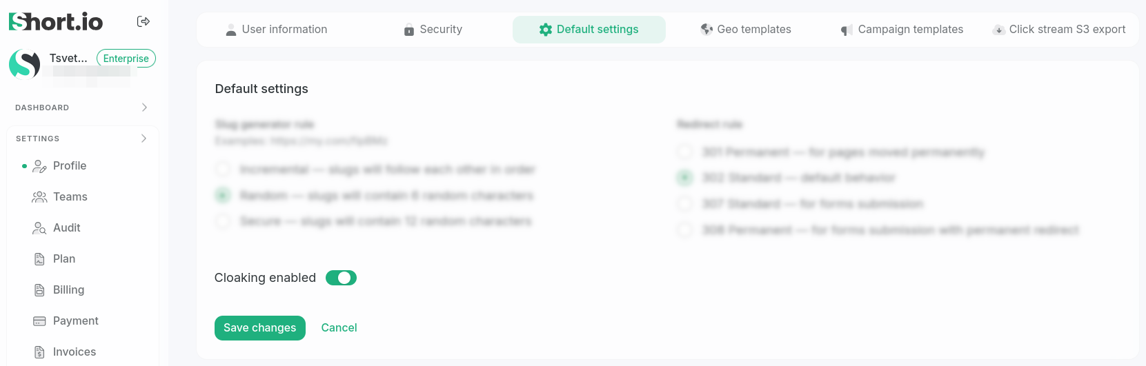 Profile Default Settings with Cloaking enabled toggle and Save Changes