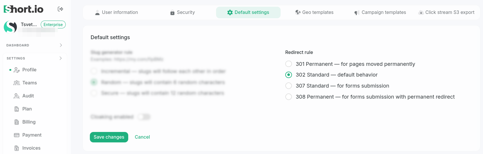 Profile Default Settings with redirect rule options and Save Changes