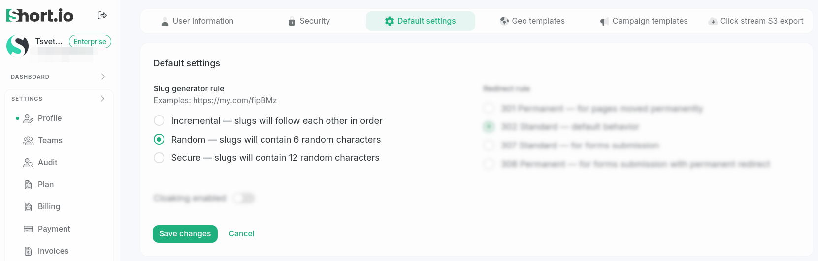 Profile Default Settings with slug generator rule options and Save Changes
