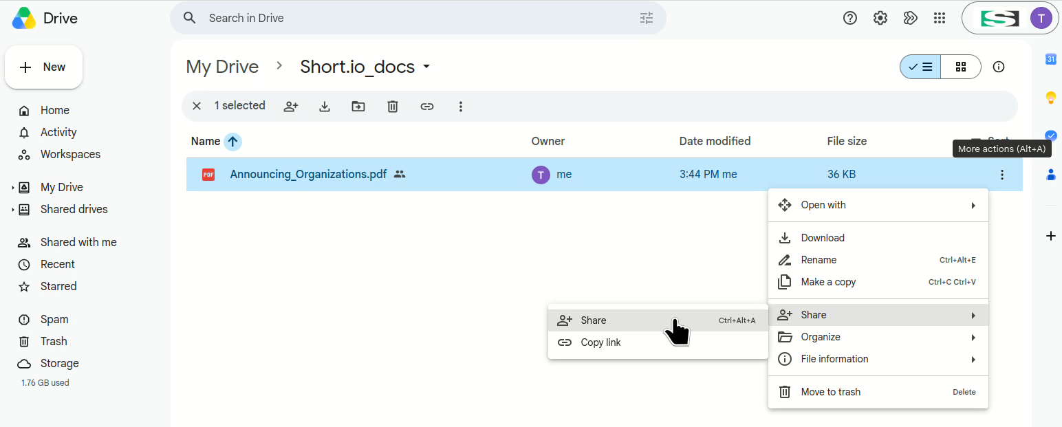 Google Drive context menu with Share option highlighted for a PDF file