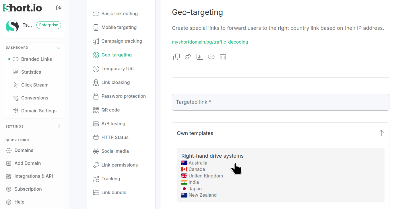 Geo-targeting section showing available geo template in the Templates list
