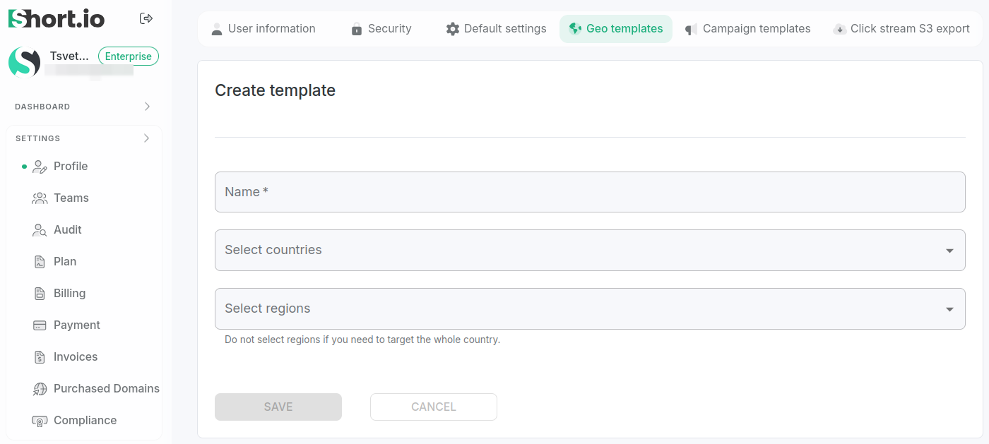 Settings Profile page with Geo templates section highlighted