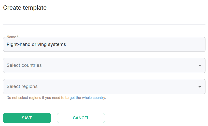 Geo template creation form with template name field filled