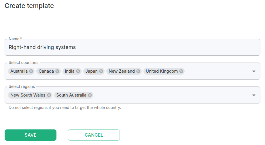 Country selection showing Australia with whole country and individual regions