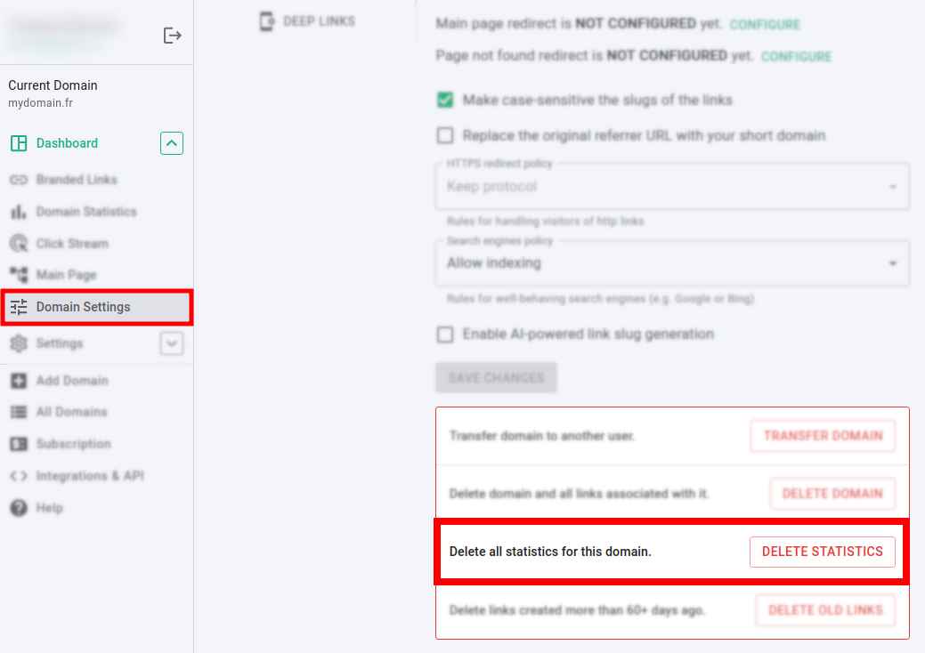 Domain Settings page with Delete Statistics button highlighted at the bottom
