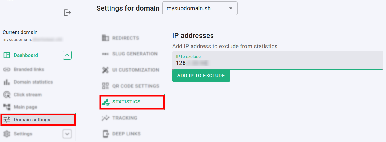 Domain Settings with Statistics tab and IP to exclude field with an IP address entered