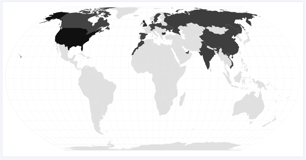 Global heat map showing click distribution by country with darker shading for higher traffic