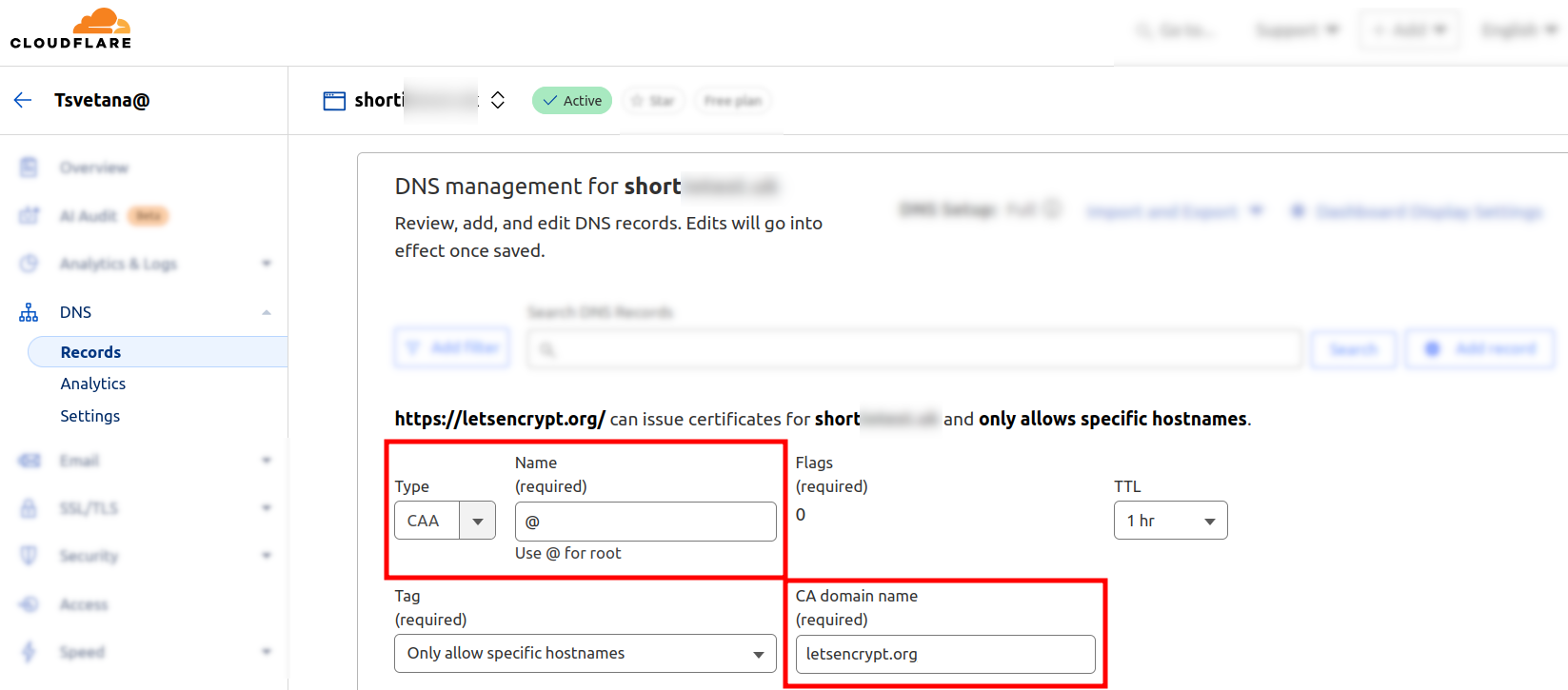 Cloudflare DNS settings with CAA record configured for letsencrypt.org highlighted