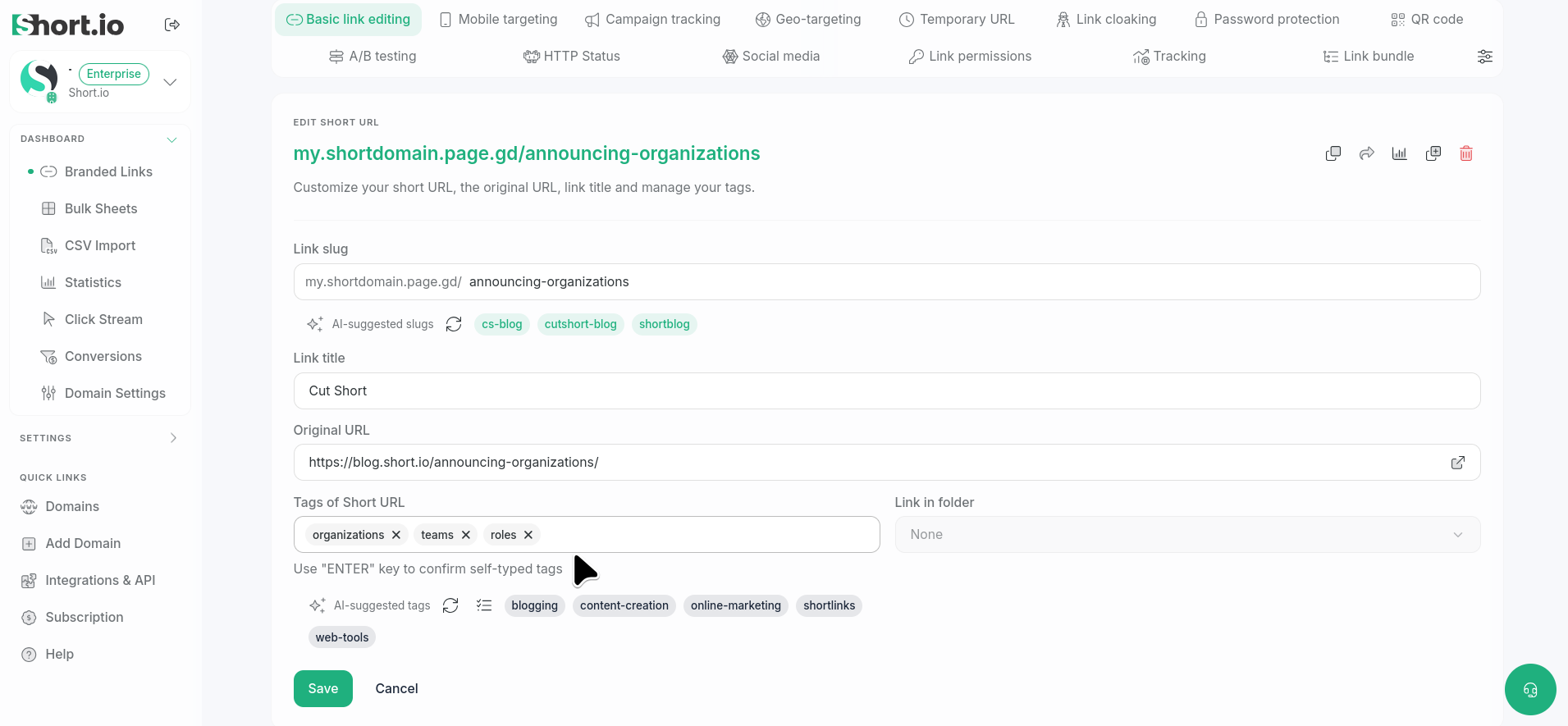 The Tags of Short URL field in the Basic link editing dialog
